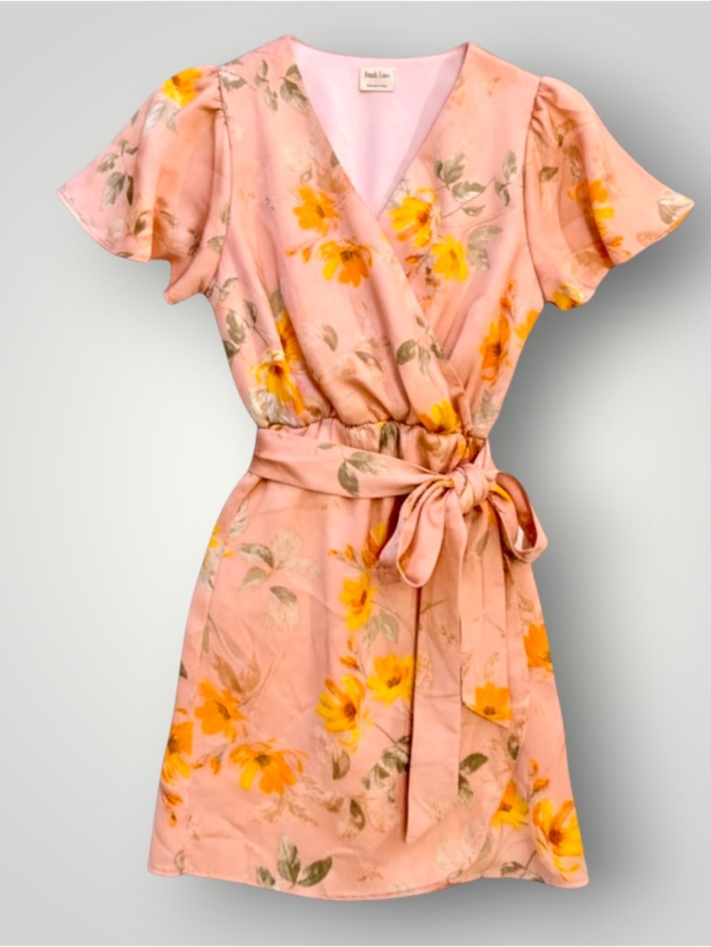 Peach Love California Pink Floral Wrap Mini Dress with Yellow flowers Small